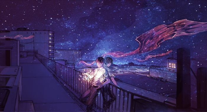 Anime boys on a rooftop under a starry sky