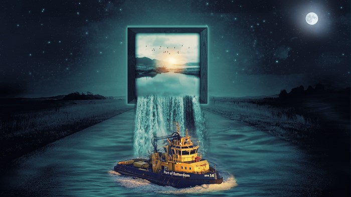 4K Night scene with a tugboat and a waterfall from a frame