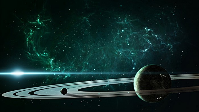 Planet with rings in a nebula