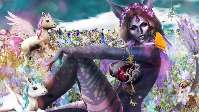Fantasy girl with unicorns and butterflies in a flower field