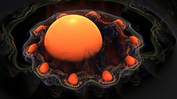 Abstract 3D fractal with orange sphere and tentacles