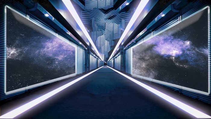 Futuristic corridor with space views