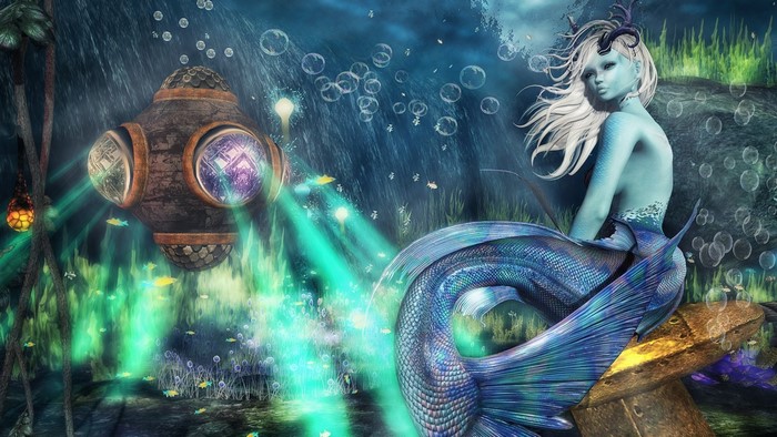 Fantasy mermaid with underwater structure and fish