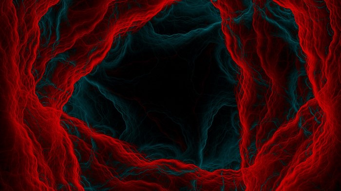 Abstract red and teal fractal tunnel