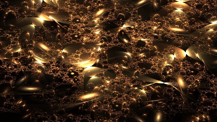 Abstract fractal pattern with golden bubbles and light flares