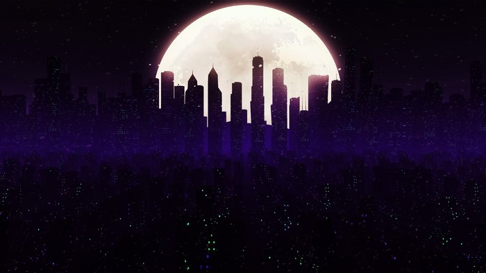 Night city skyline with a large moon