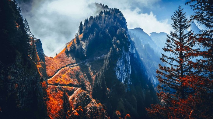 Mountain landscape with trees and clouds