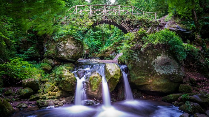 Stone bridge over a waterfall in a forest