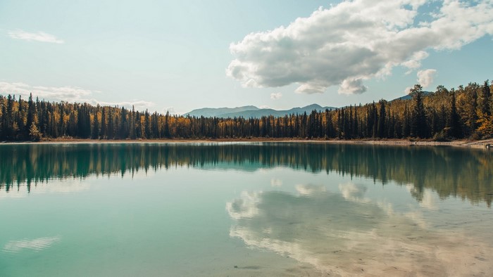 Lake with forest and mountains