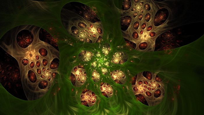 Abstract fractal art with green and gold spirals