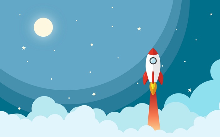 Rocket Launching into a Starry Night Sky with Clouds
