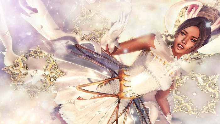 Fantasy girl in white dress with bunny ears