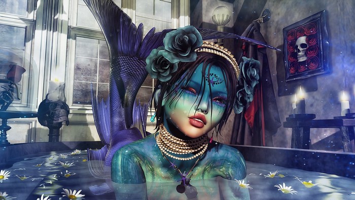 Fantasy mermaid with blue skin and purple tail in a bathtub