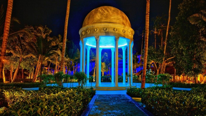 Gazebo with blue lights at night