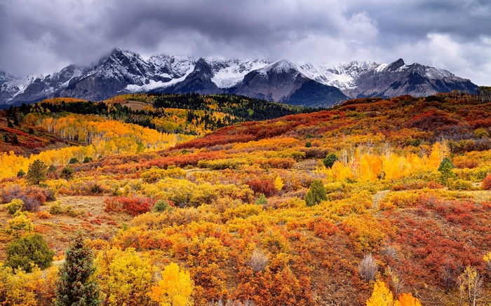 Autumn Mountain Landscape with Snow-Capped Peaks