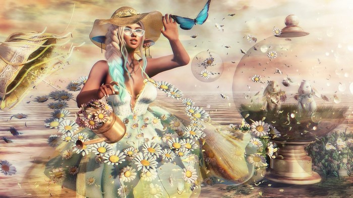 Fantasy girl with daisies and butterflies