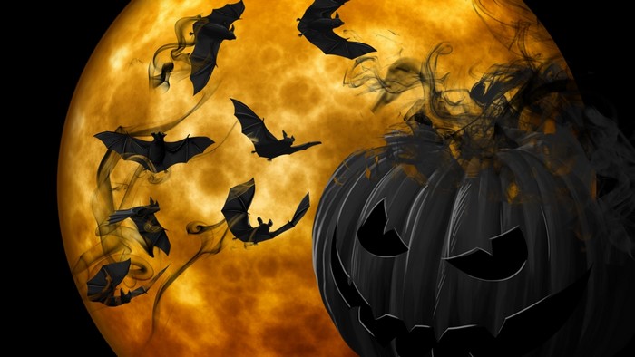 Halloween bats flying around a pumpkin against a full moon