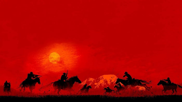 Red Dead Redemption 2 Silhouette of Cowboys Riding Horses at Sunset