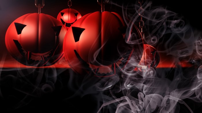Halloween pumpkins with smoke and spider