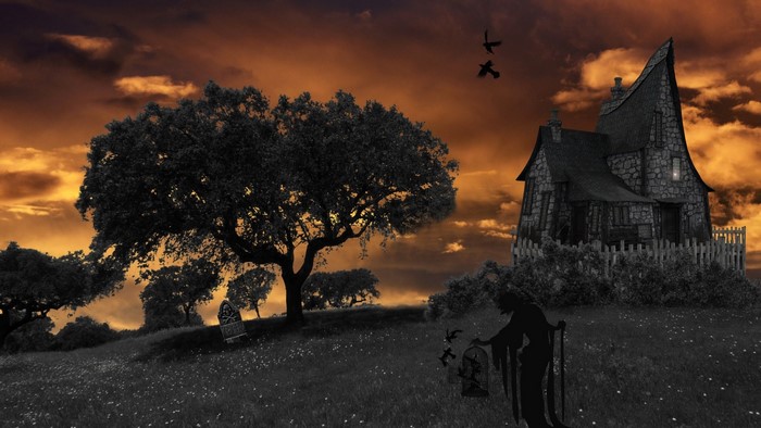 Halloween scene with a witch and a haunted house