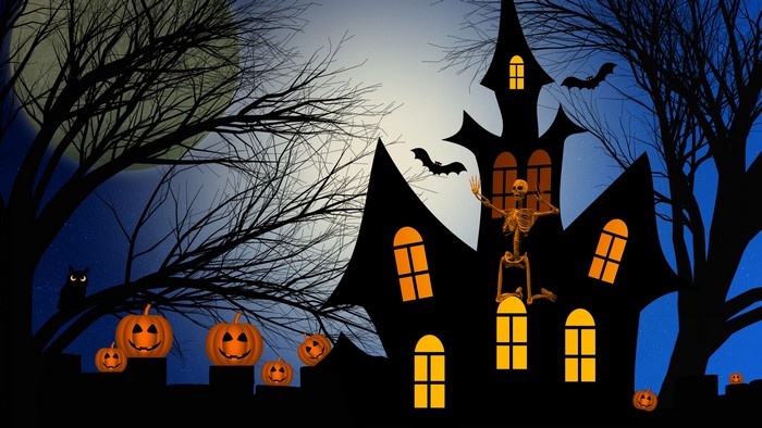 4K Halloween Haunted House with Pumpkins and Skeleton