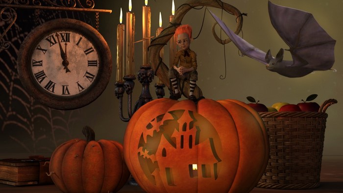 Halloween scene with pumpkins, clock, and bat