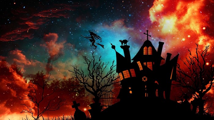 Halloween haunted house with witch and cat under starry sky