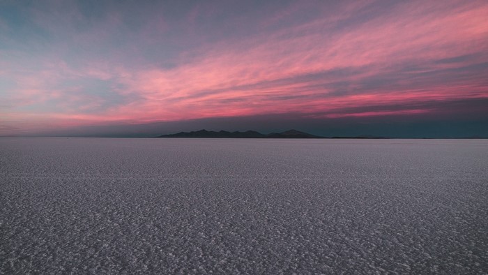 Pink and Blue Clouds Over a Salt Flat