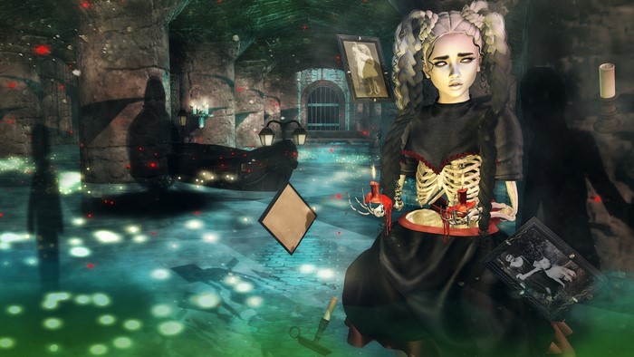 Fantasy girl with skeleton torso in dungeon