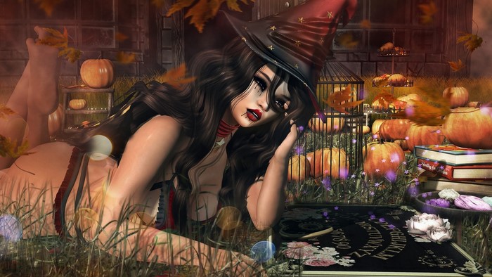 Fantasy witch with pumpkins and Ouija board
