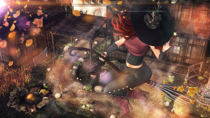 Witch flying on a broomstick with a magic wand