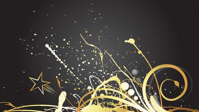 Gold and white abstract splatter and swirls on black