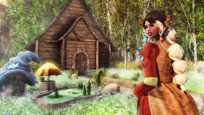 Fantasy girl with butterflies near a wooden cabin