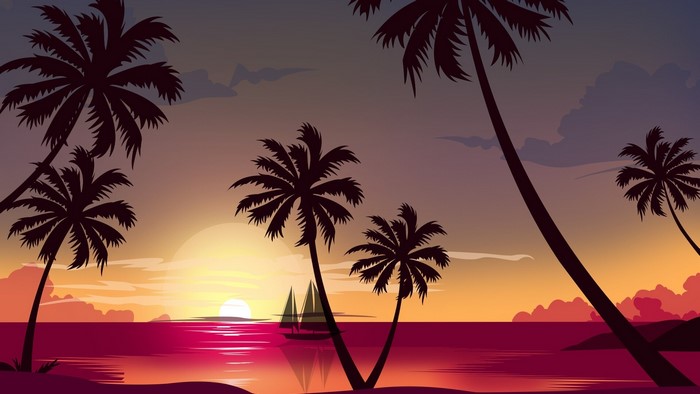 Sunset over the ocean with palm trees and sailboat