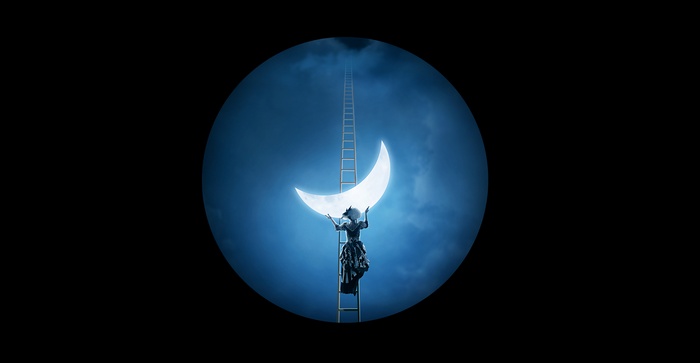 Person climbing ladder to crescent moon