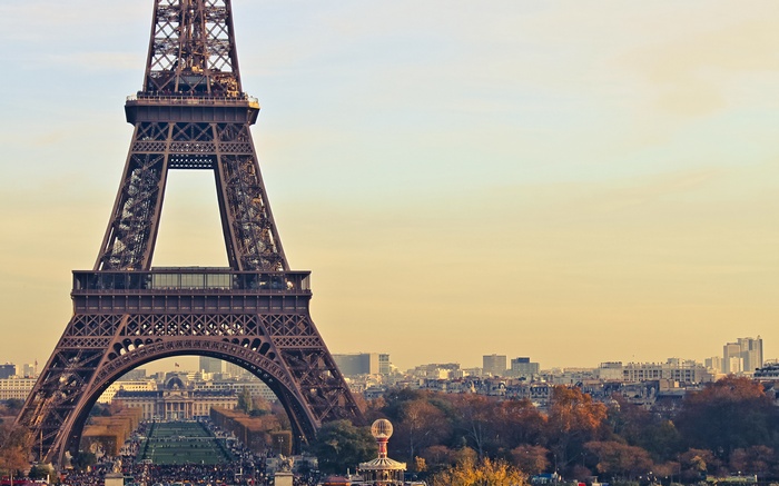 Eiffel Tower and Paris cityscape at sunset in autumn