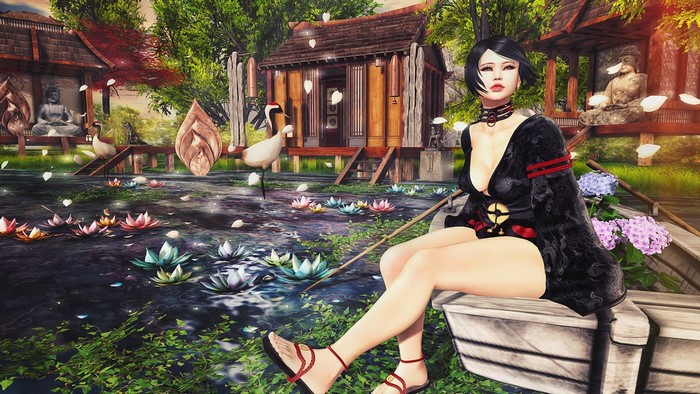 3D fantasy girl in a kimono by a pond