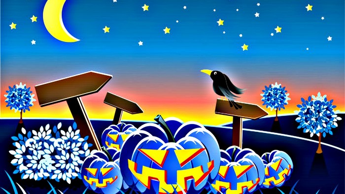 Halloween Night with Jack-o'-lanterns and a Crow