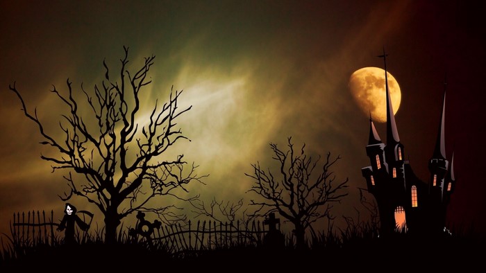 Halloween castle and grim reaper with moon
