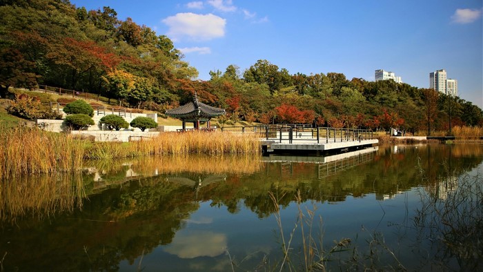 Autumn park with a pond and traditional pavilion