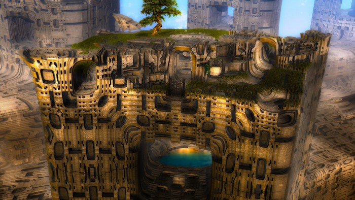 Fractal landscape with a tree and a pool