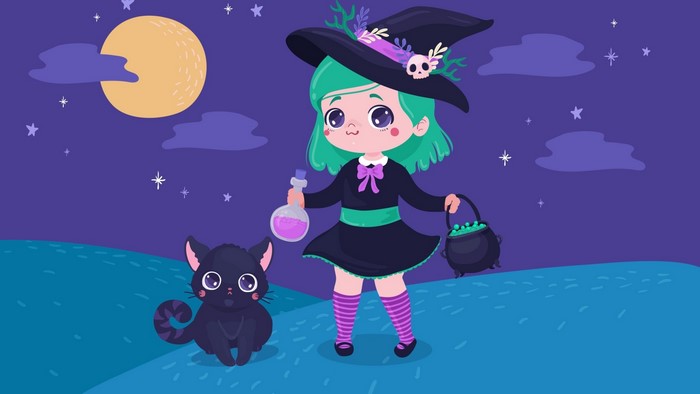 Cute witch and black cat on Halloween night