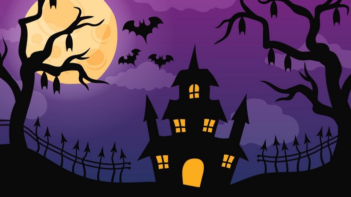 Halloween haunted house with bats and full moon