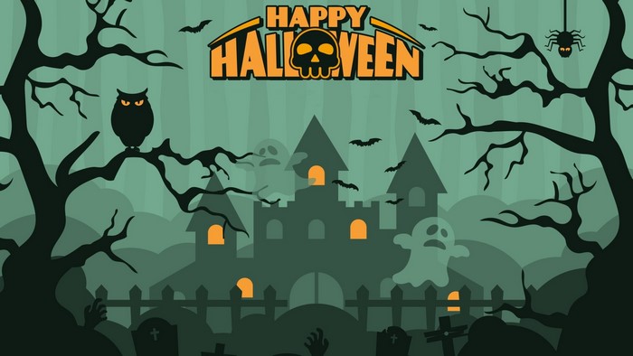 Happy Halloween Castle with Owl and Spider