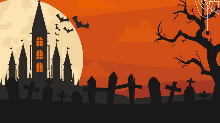 Halloween castle with graveyard and bats