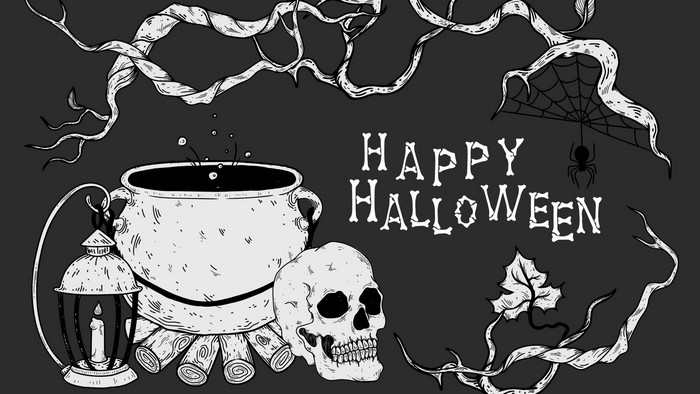 Happy Halloween illustration with skull and cauldron