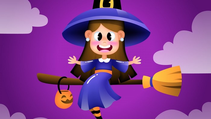 Cartoon witch flying on a broomstick with a pumpkin bucket