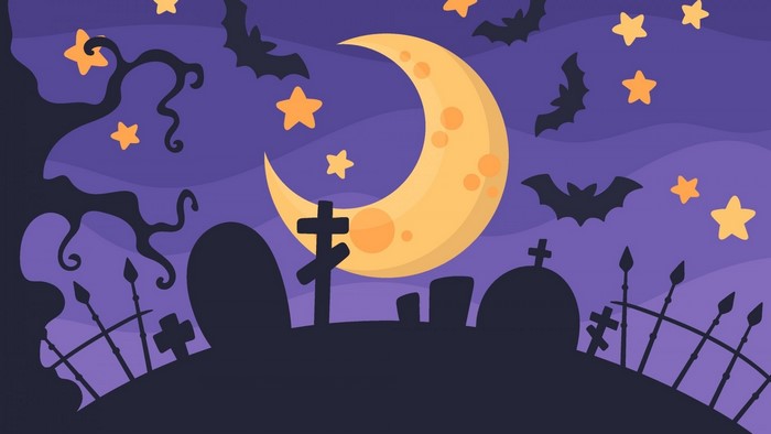 Halloween graveyard with moon and bats