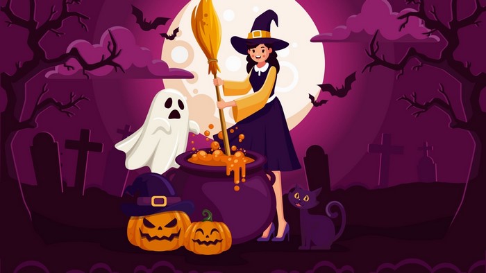 Halloween Witch and Ghost Making Potion