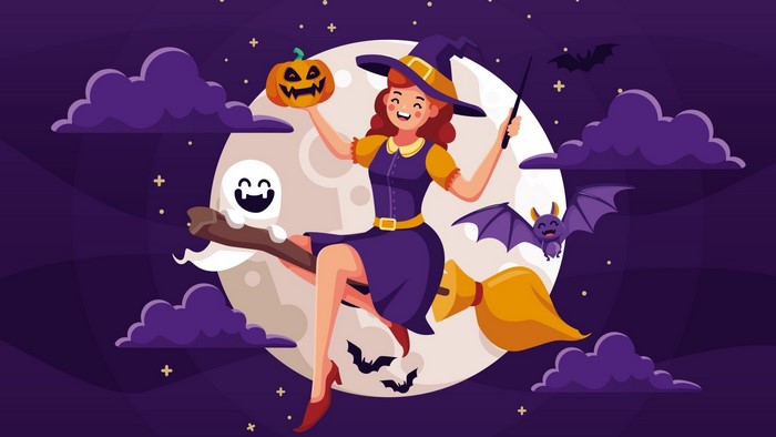Halloween Witch Flying on Broomstick with Pumpkin and Ghost